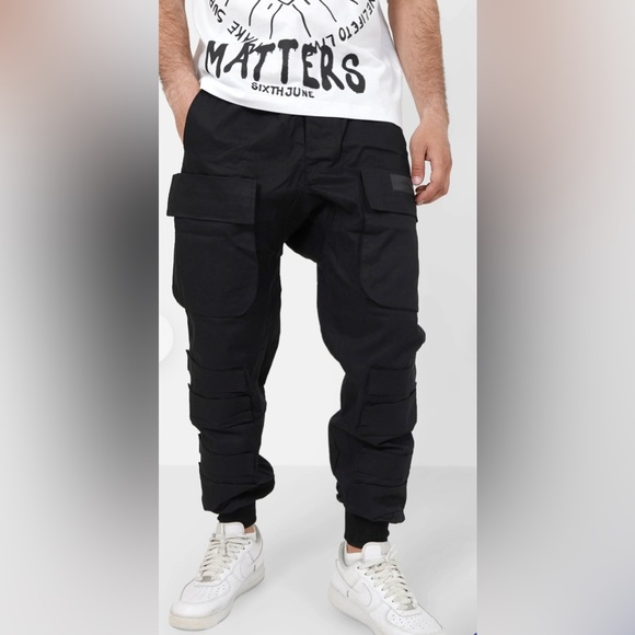 NWT-Sixth June Paris Large tactical cargo pants Black - Picture 1 of 9